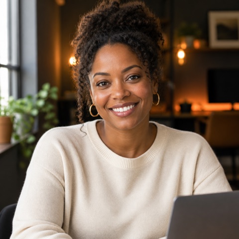 Smiling woman at a laptop, welcoming you