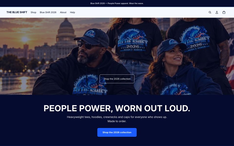 Blue Shift 2026 store homepage: People power, worn out loud