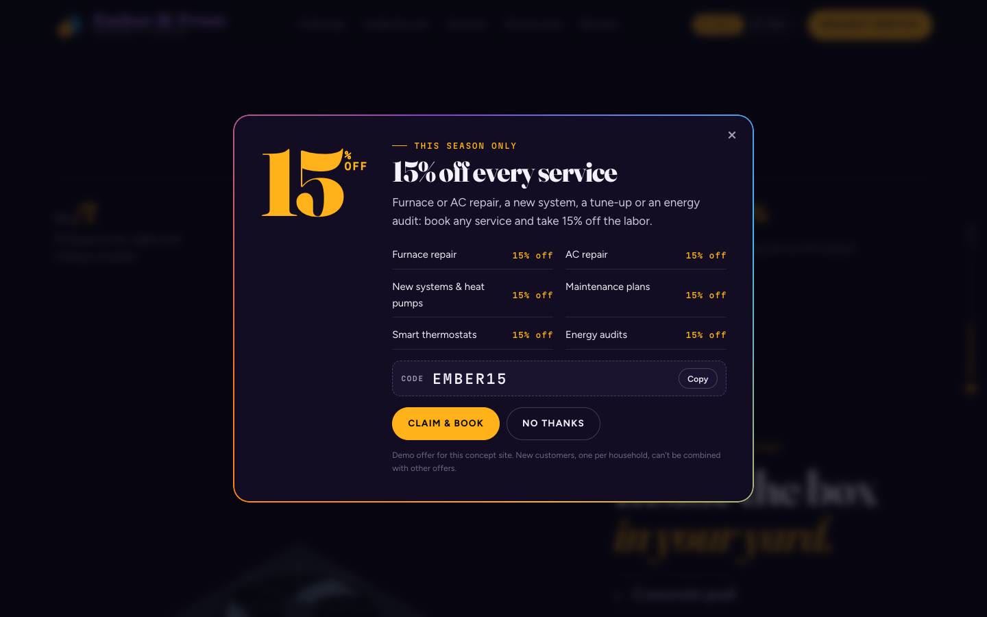 Popup offering 15% off every service