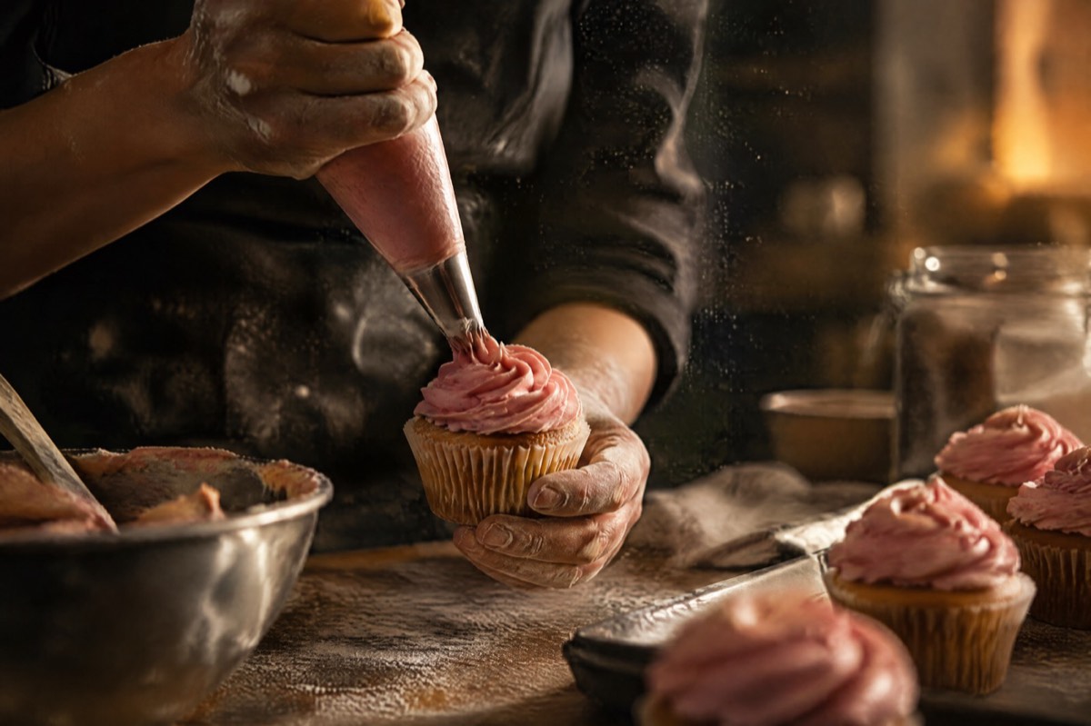 A baker piping frosting