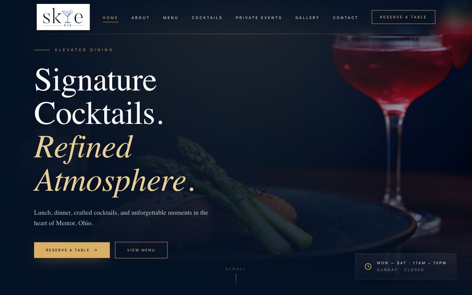 Skye homepage: Signature cocktails, refined atmosphere